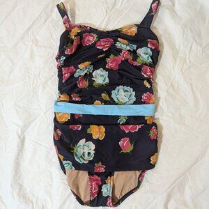 Jessica Rey "Ann" Faux Tankini Full Coverage One-Piece Suit Navy Floral, Size M